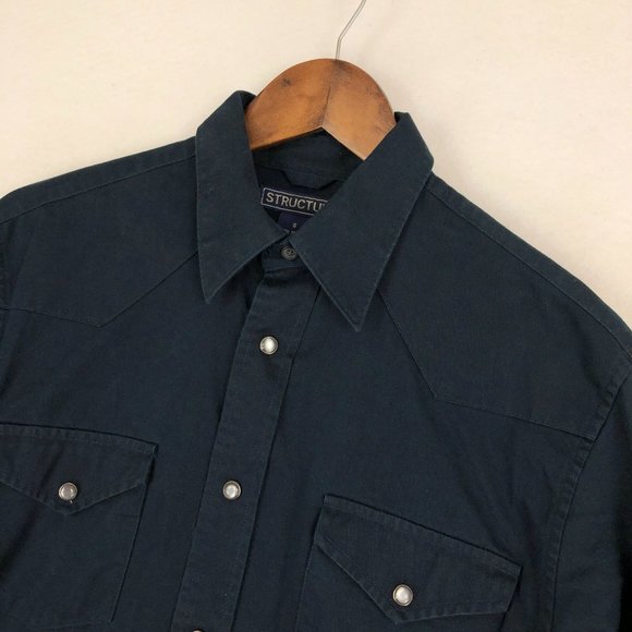 Structure Men's Size Small Blue Collared Long Sleeve Pearl Snap Cotton Shirt - Picture 2 of 9